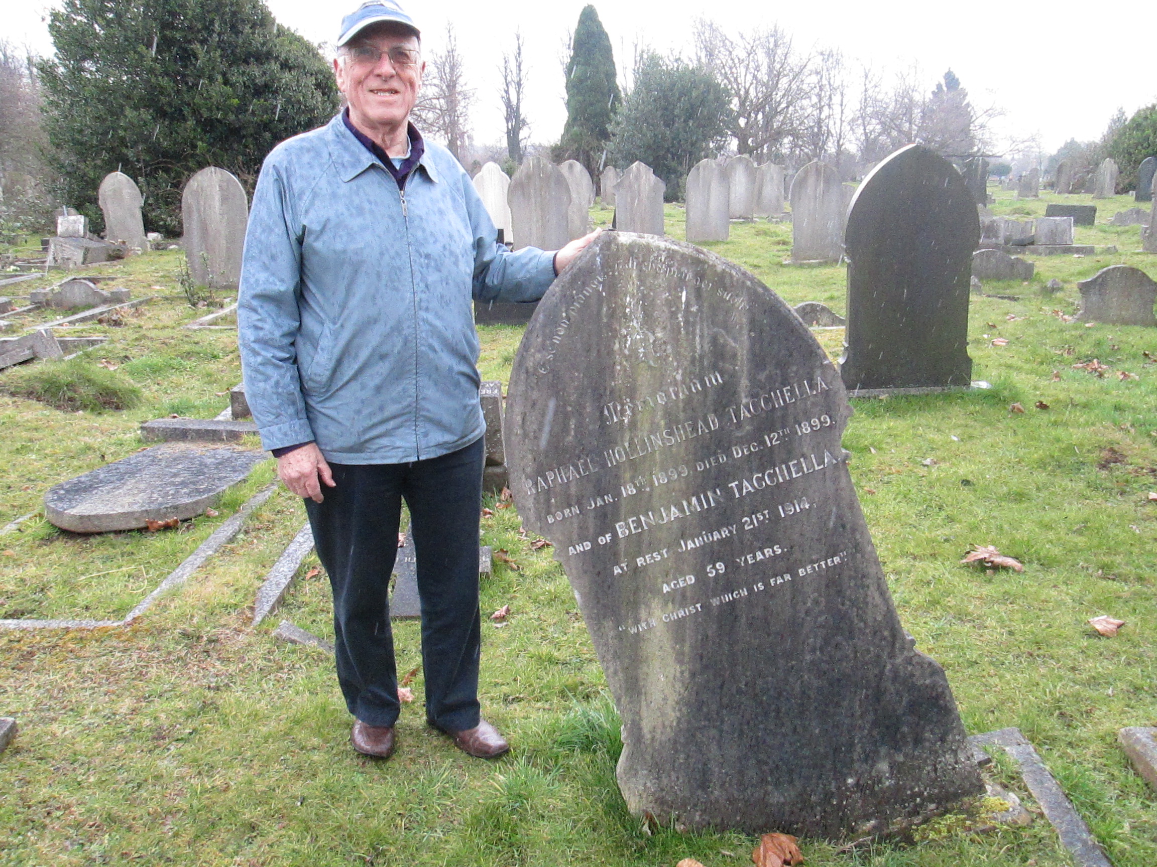 BT's headstone with BARRIE Sheard OD archivist.2015